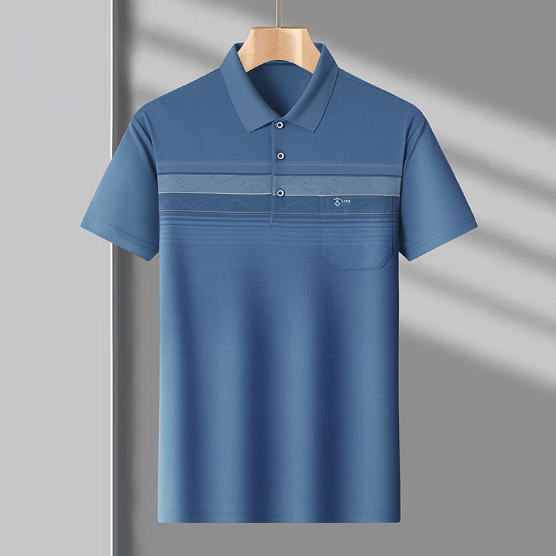 夏季中老年男装爸爸装条纹t恤男款口袋休闲翻领宽松半袖男polo衫