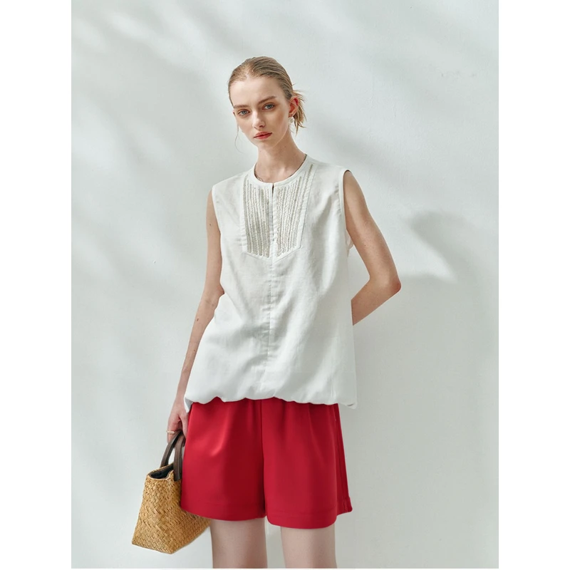 Sue.m夏季上新天丝 亚麻抽绳三分短裤时尚休闲宽松外穿短裤