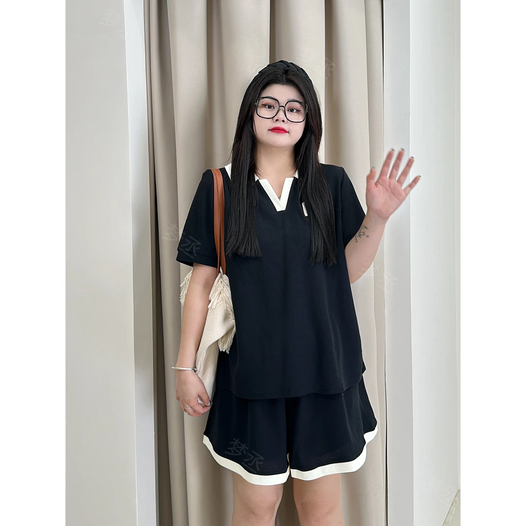 【私房少女】夏季大码女装休闲运动风针织两件套上衣运动百搭短裤