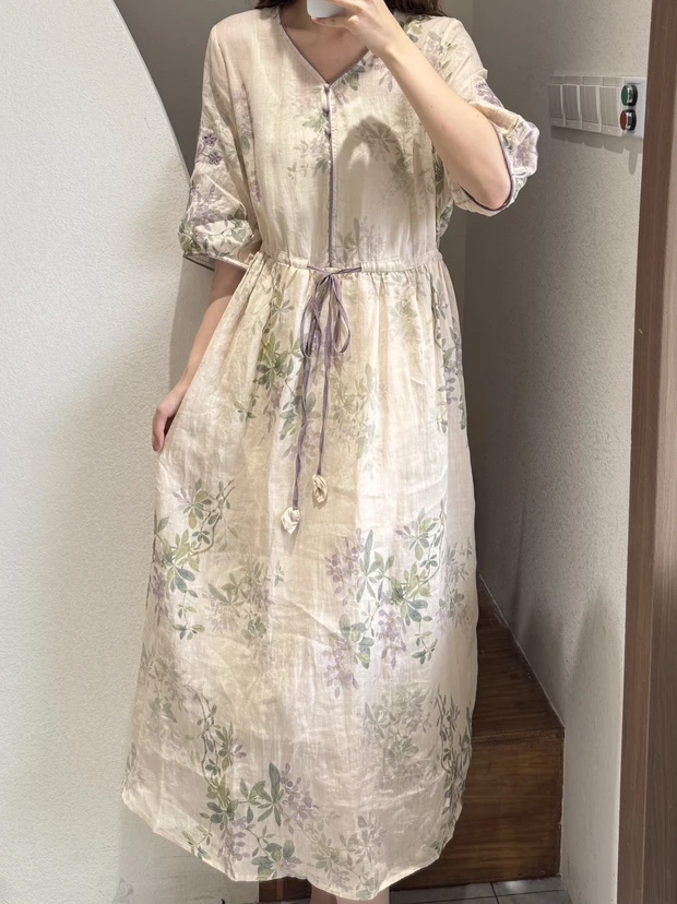 【暗香】新品100%纯苎麻洋气宽松长款连衣裙