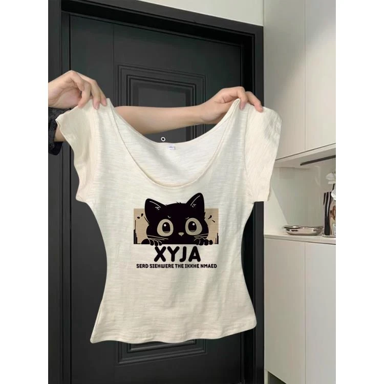 竹节棉短袖猫咪短款印花T恤U领小众显瘦百搭甜辣风时尚设计感上衣