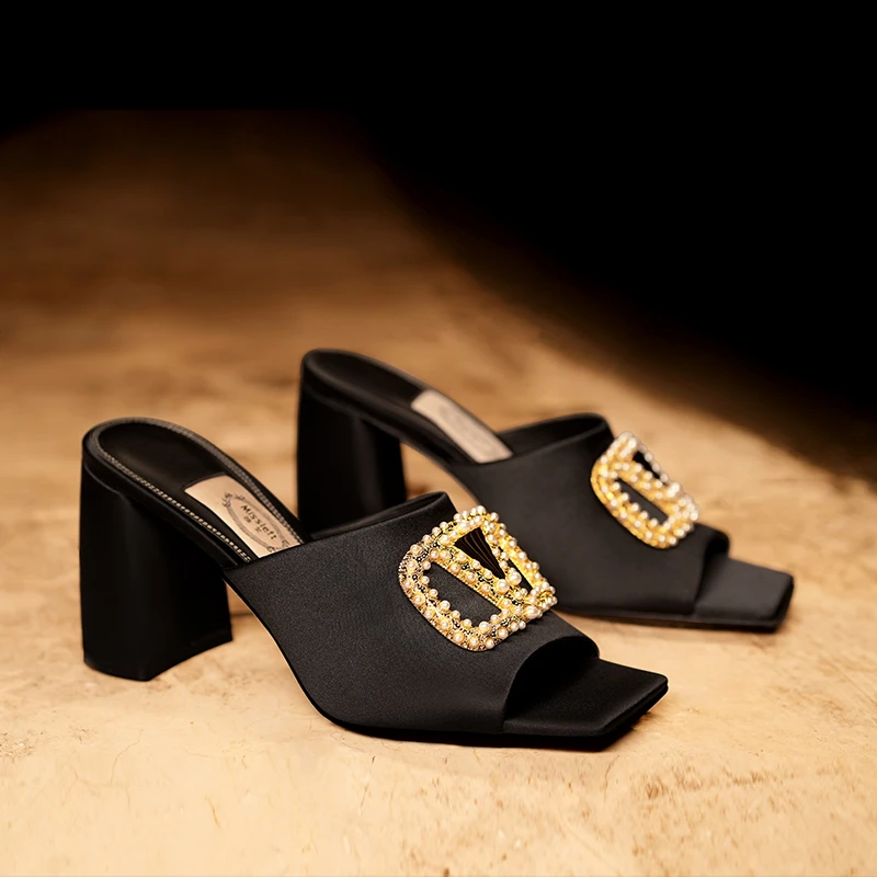 【金夜浮语】夏季新款时尚外穿方头粗跟凉拖鞋女士性感露趾高跟鞋