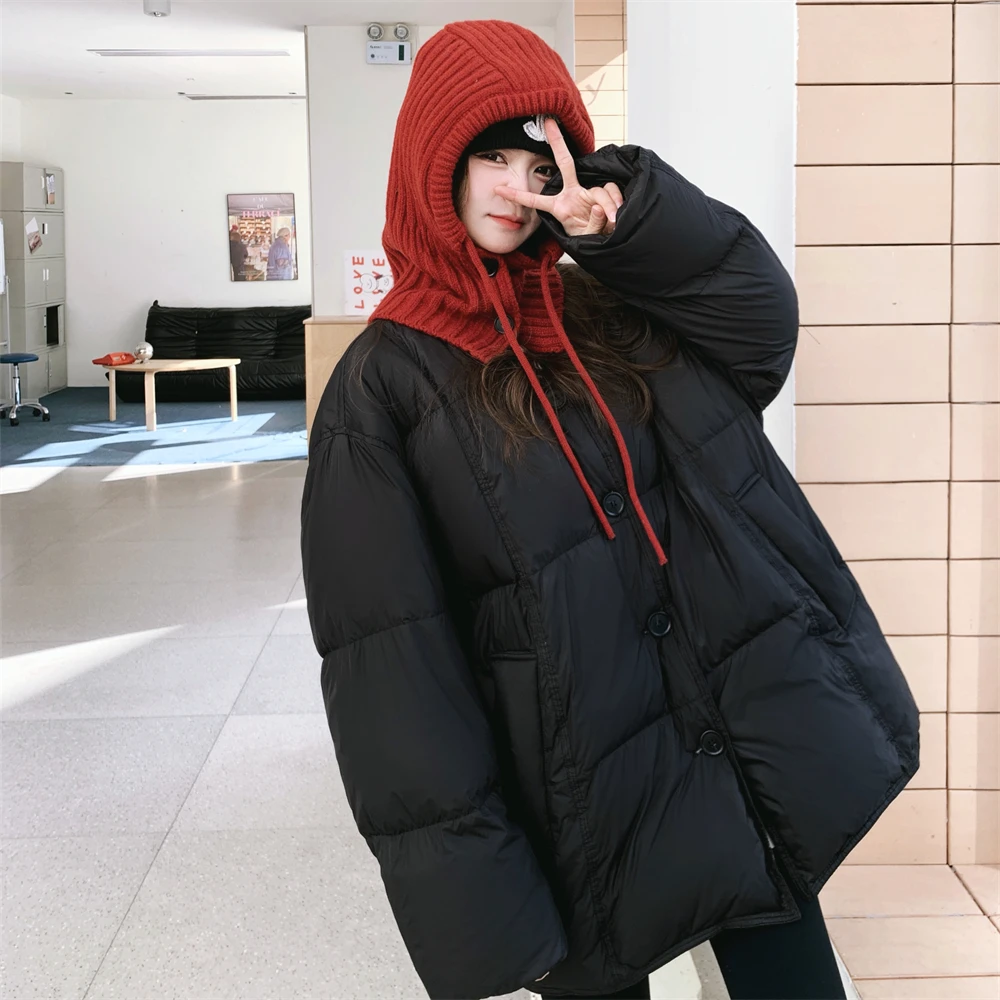 红色针织帽羽绒服女冬季韩系慵懒风宽松小个子加厚爆款流行独特设