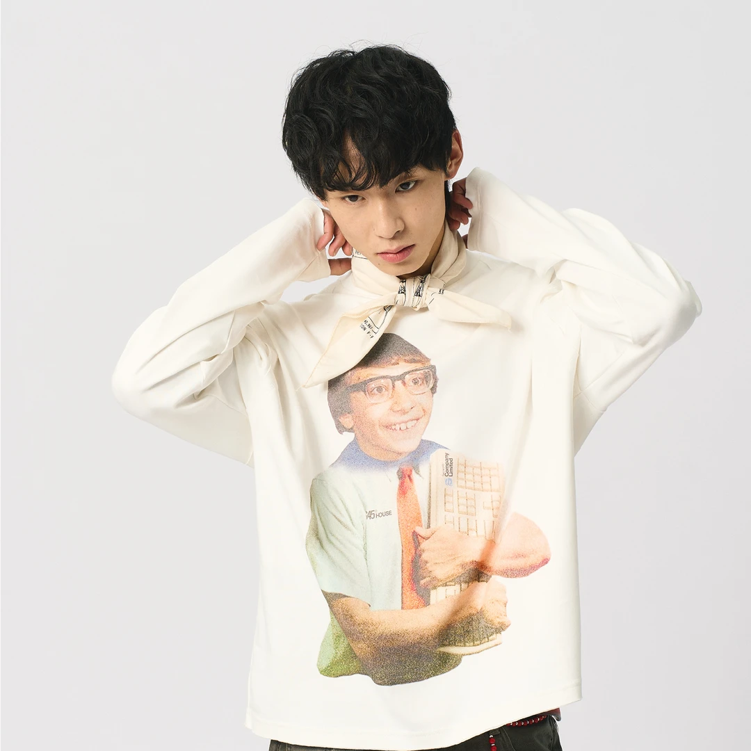 S45眼镜小孩打底衫男2025春季新款数码印花高街圆领宽松长袖T恤