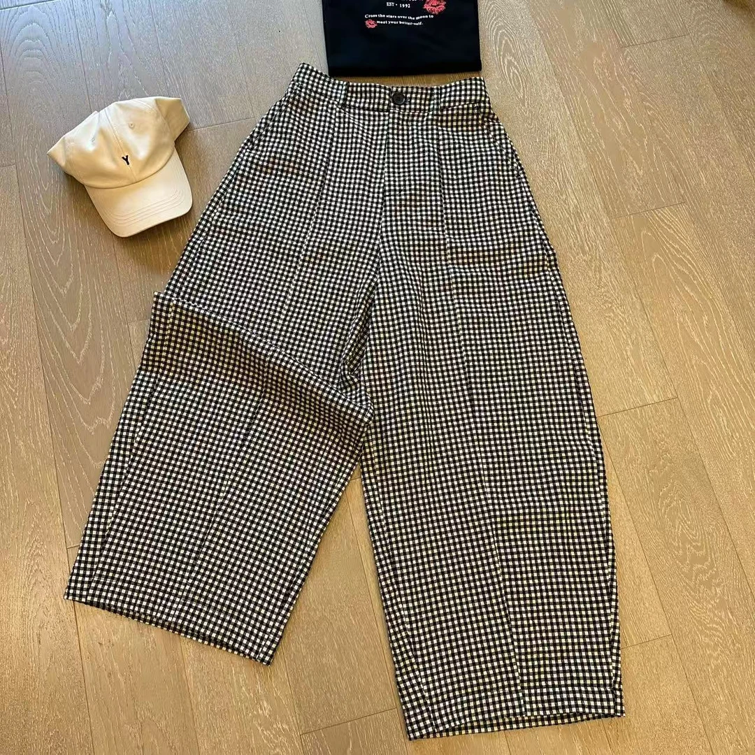 【高端】夏季棉麻格子裤弯刀宽松9分时尚百搭休闲韩版长裤