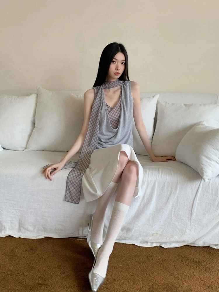 街头风韩系风性感复古针织夏季无袖镂空时尚套装显瘦气质薄款长款