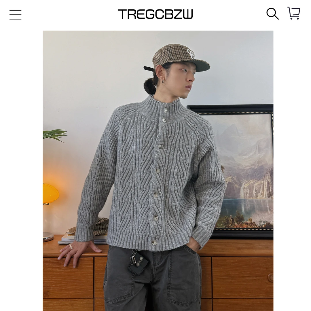 CBZW秋冬美式设计感麻花短款立领毛衣男复古慵懒纽扣开衫针织外套