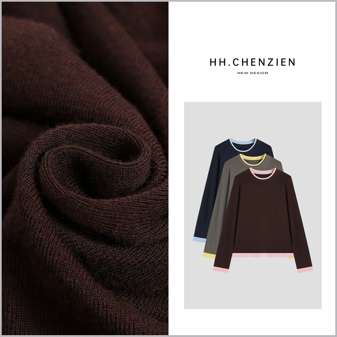 【黑黑家】秋季女款新款圆领拼接假两件设计针织衫女款洋气小上衣