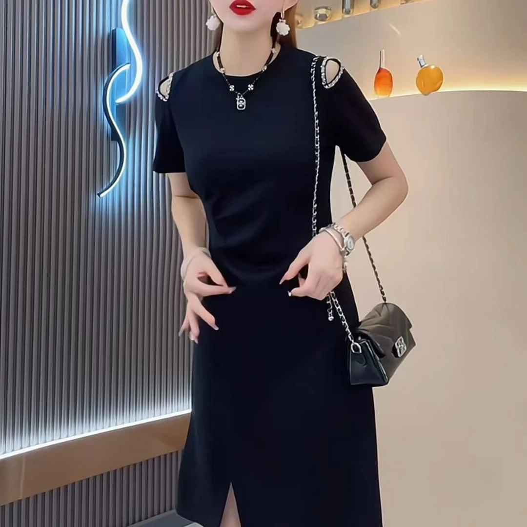 2025夏新款连衣裙重工短袖气质收腰时尚显瘦圆领洋气高级开叉裙