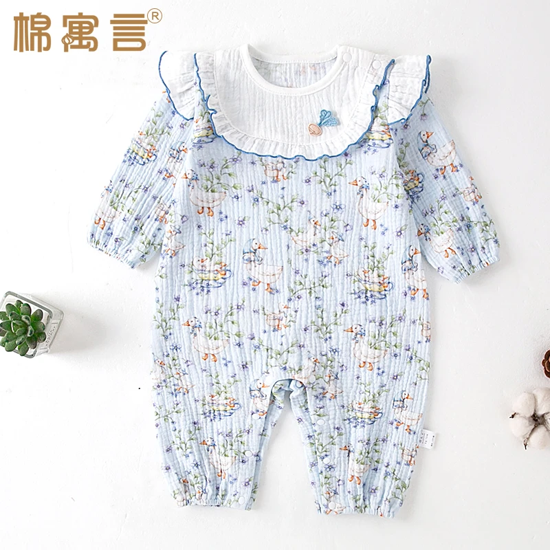 婴儿纱布连体衣长袖春夏季飞飞袖女宝宝哈衣可爱空调服家居爬爬服