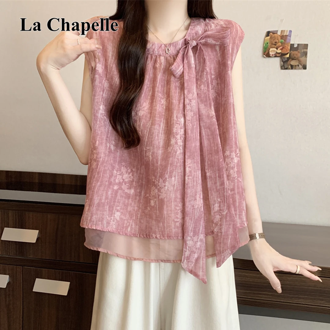 拉夏贝尔大码夏日轻薄短袖时尚系带蝴蝶结宽松显瘦假两件T恤女潮