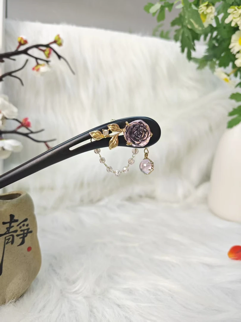 炑歌K360原创晨露玫瑰18公分发簪气质手工发饰国风百搭时尚发簪