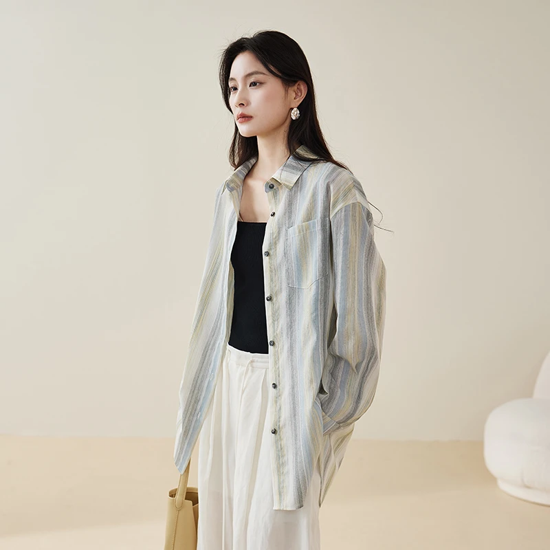 索菲丝尔2025春季设计感条纹长袖衬衫时尚显瘦法式衬衣女513007