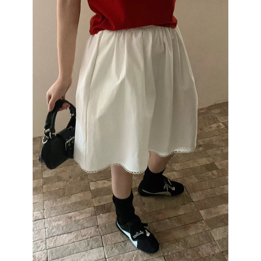 2025新款韩风miu系刺绣花边条纹半身裙女高腰显瘦百褶短裙