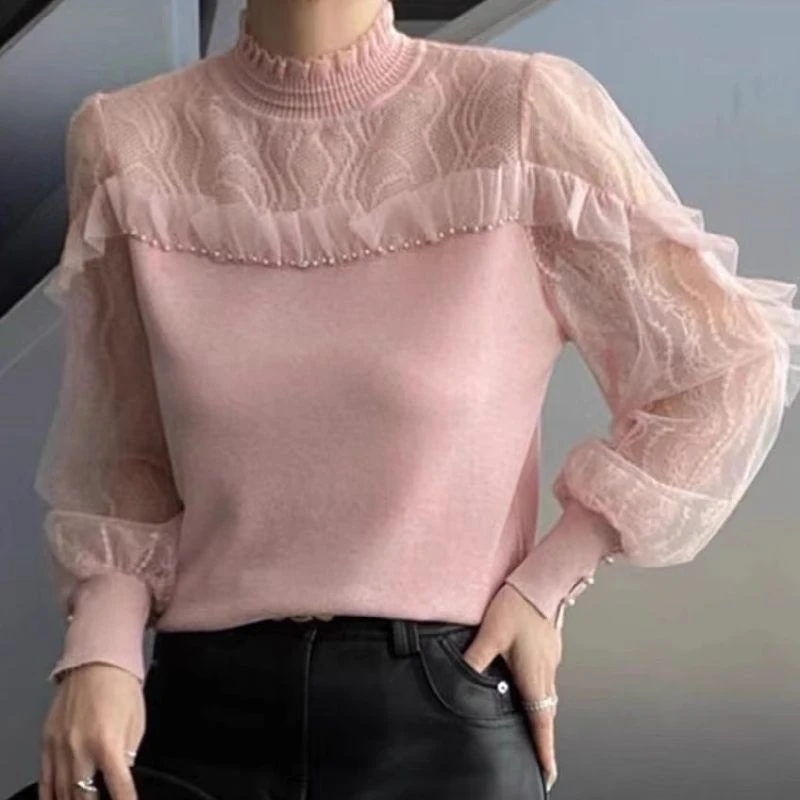 冰丝针织打底衫女2025春秋新款宽松蕾丝袖拼接洋气小衫荷叶边上衣