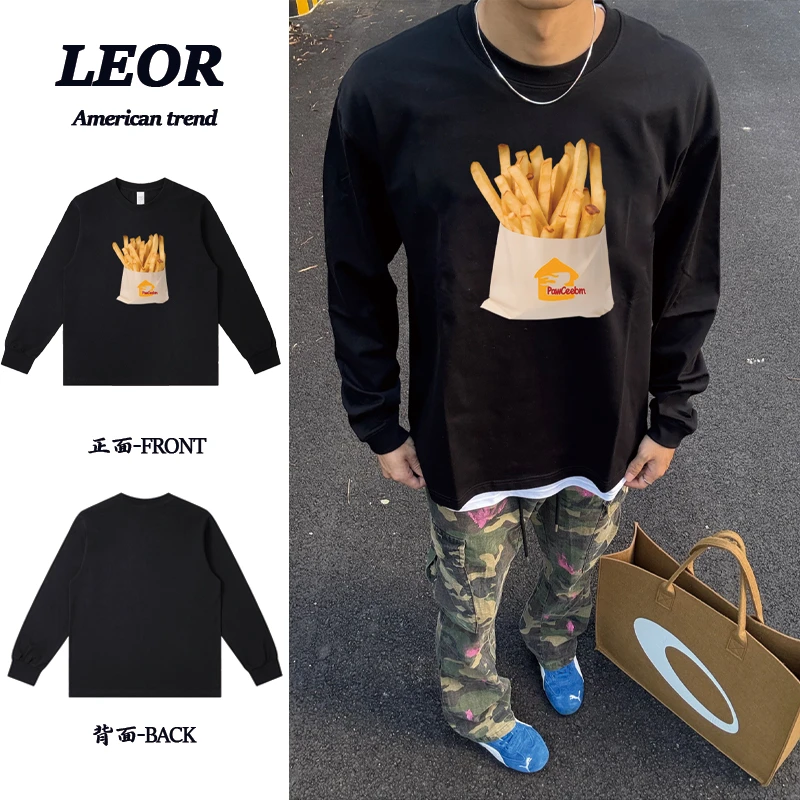 美式高街薯条图案印花百搭纯棉宽松重磅简约体闲长袖T恤 男女同款