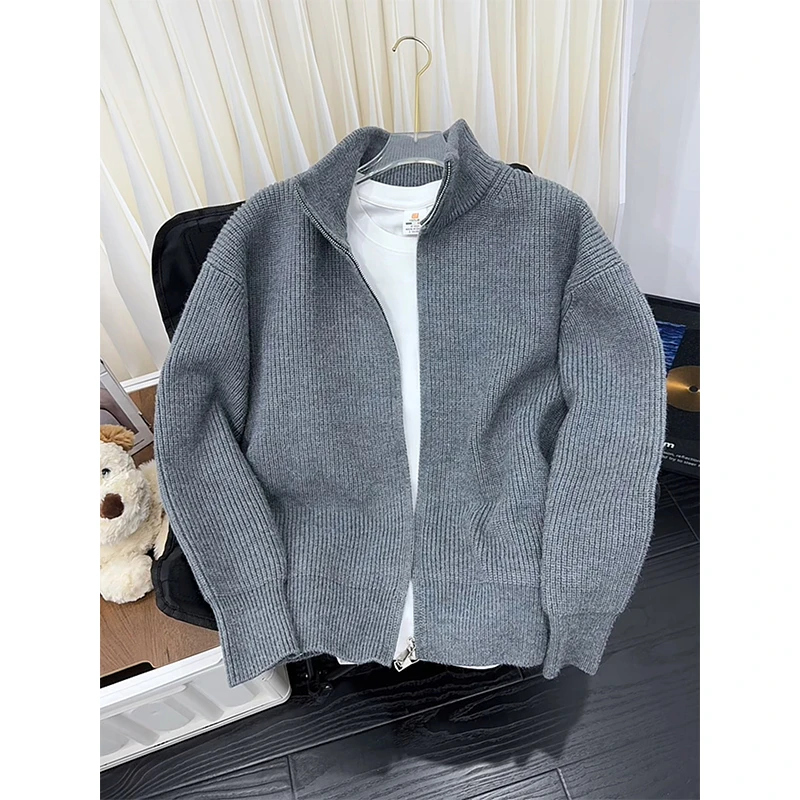 cleanfit灰色拉链毛线衣男春秋半高领针织开衫慵懒高级感正肩外套