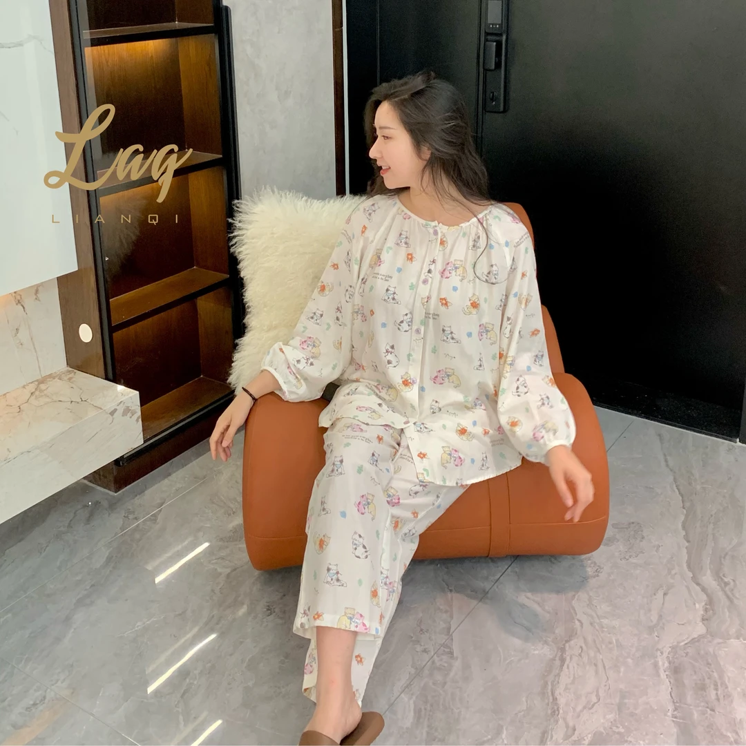 睡衣女春夏竹棉棉纱猫咪印花孕妇开衫圆领长袖长裤套装家居服套装