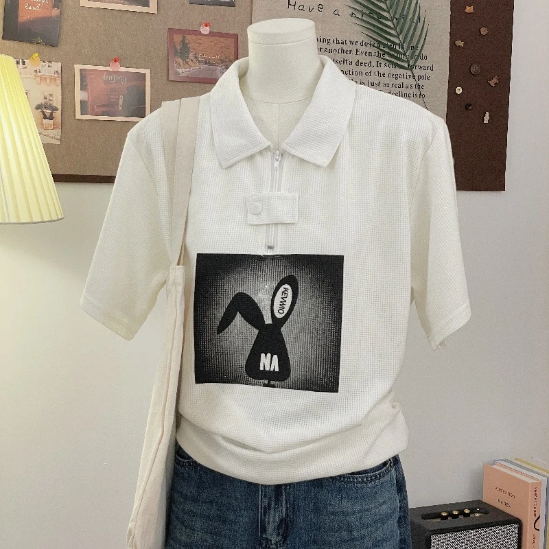 特大码300斤美式印花卡通兔子短袖t恤男女夏季情侣设计感小众上衣