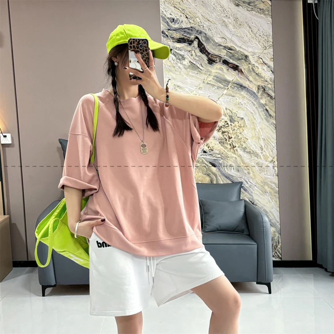 春季百搭气质纯色插肩短袖T恤女高级感宽松显瘦大码中长款半袖潮T
