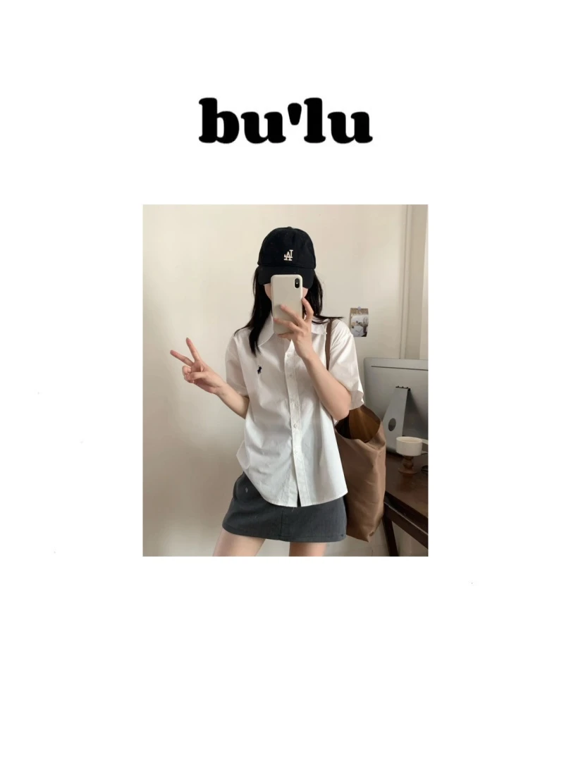 bu'lu “英式典雅”~韩版复古刺绣小马短袖衬衣