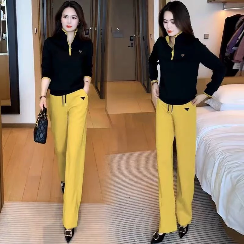 时尚休闲套装女2025春秋新款韩系撞色半拉链卫衣显瘦气质两件套潮