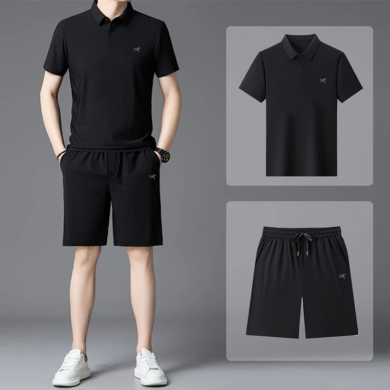 【奥莱撤柜】夏季冰丝透气套装时尚男士短袖T恤休闲运动短裤一整套