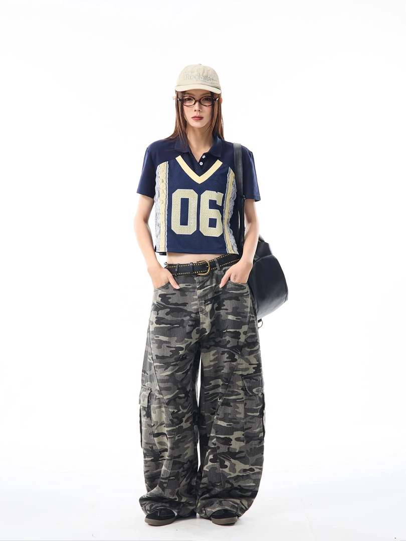 胖MM大码美式复古做旧水洗迷彩大口袋弯刀牛仔裤男女慵懒风裤子