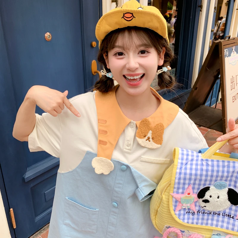 森女部落假两件连衣裙设计感可爱小猫领甜美宽松短袖2025夏季新款