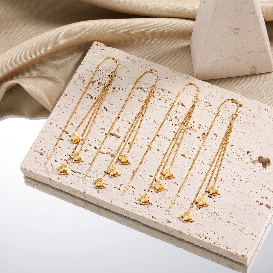 钛钢耳饰 钛钢材质小众清新甜美长款流苏三蝴蝶耳线女时尚个性