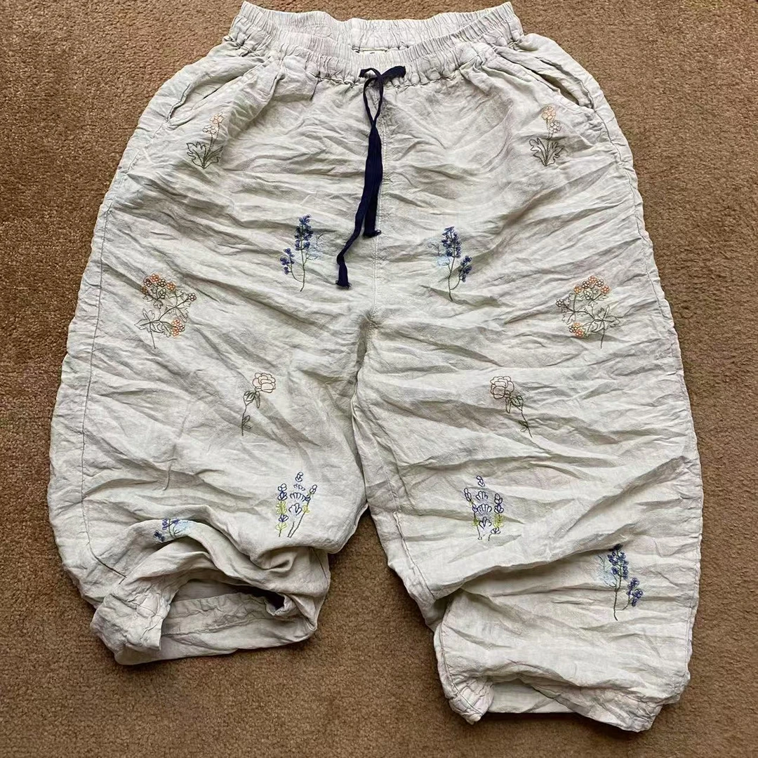 麻本上绣花亚麻裤长90臀围134