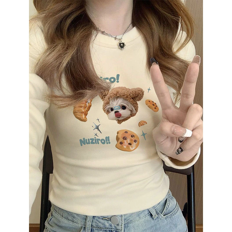 美式创意小狗印花德绒加厚长袖T恤女秋冬季修身显瘦内搭打底上衣