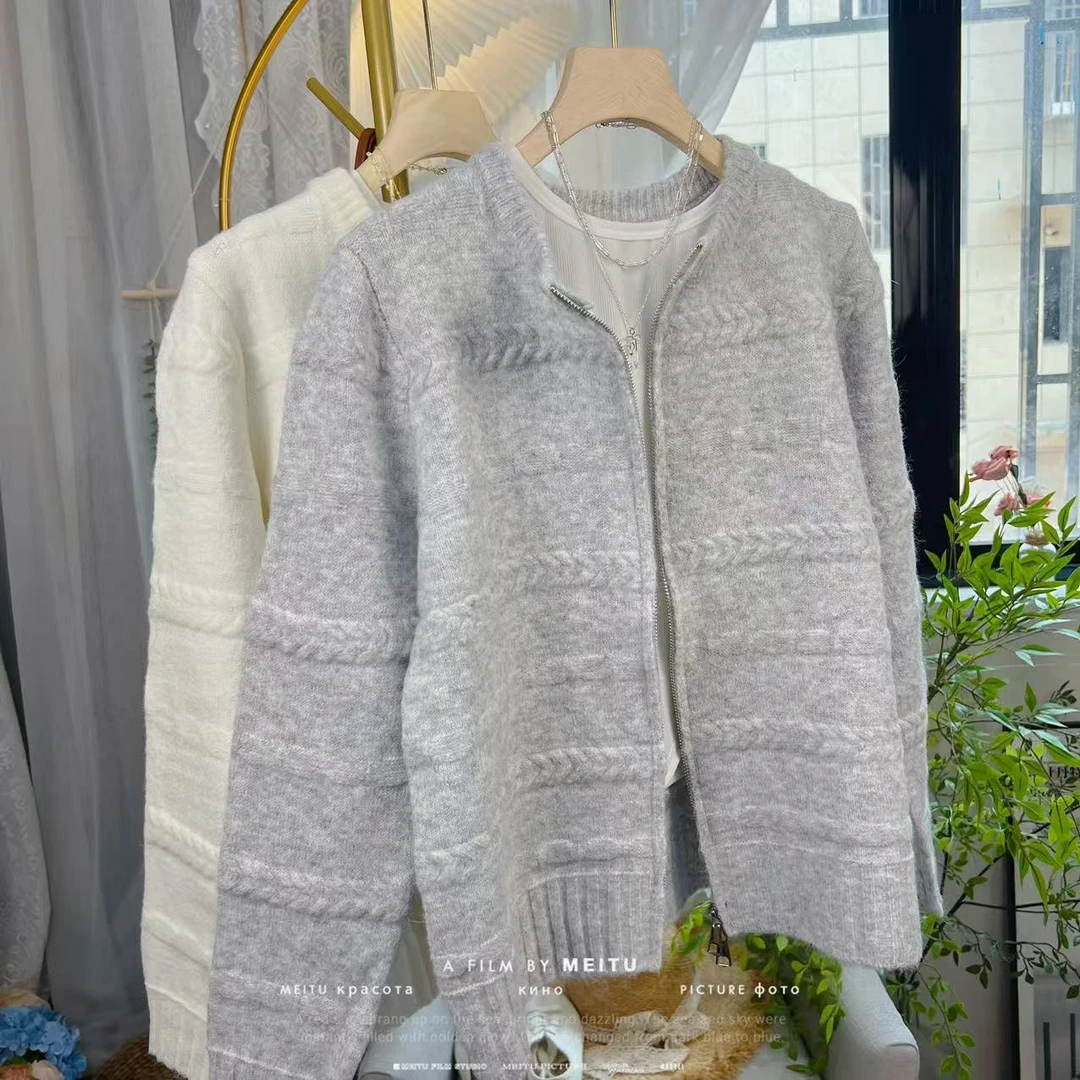 韩系设计感双拉链圆领毛衣开衫女秋冬时尚洋气宽松慵懒感针织外套