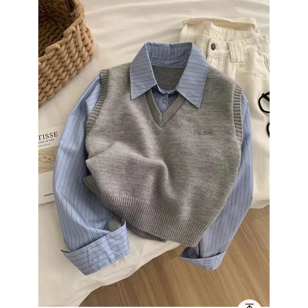 假两件条纹拼接针织长袖衬衫女秋季新款休闲百搭学院风叠穿上衣潮