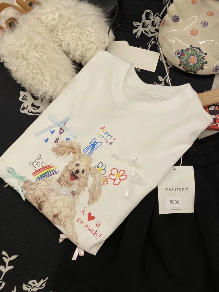 韩国东大门夏季新款洋气蝴蝶结小狗胶印宽松白色短袖t恤上衣ins潮
