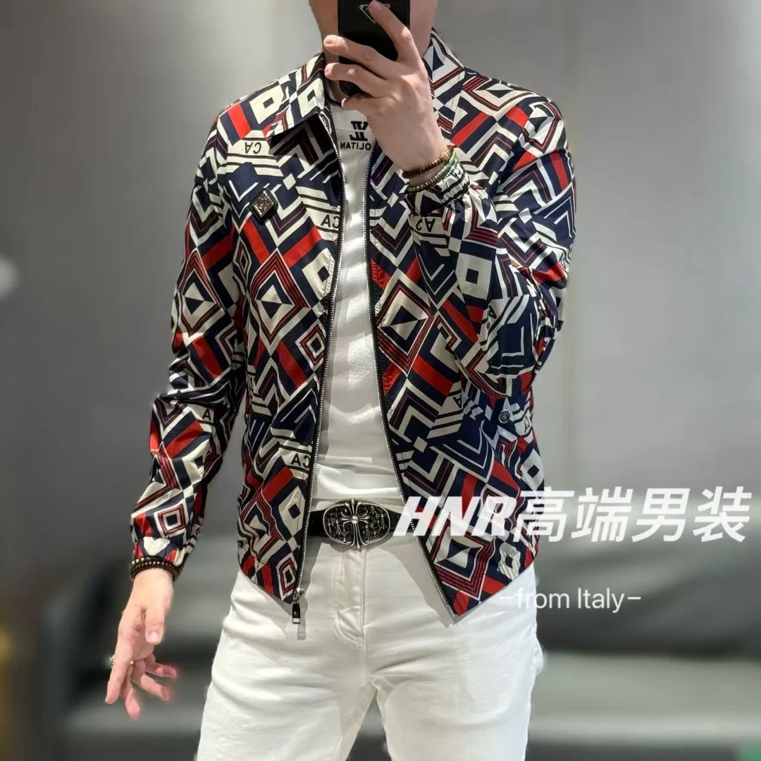 菱形格拼接拼色工艺红蓝撞色休闲高端定制男士拉链夹克830