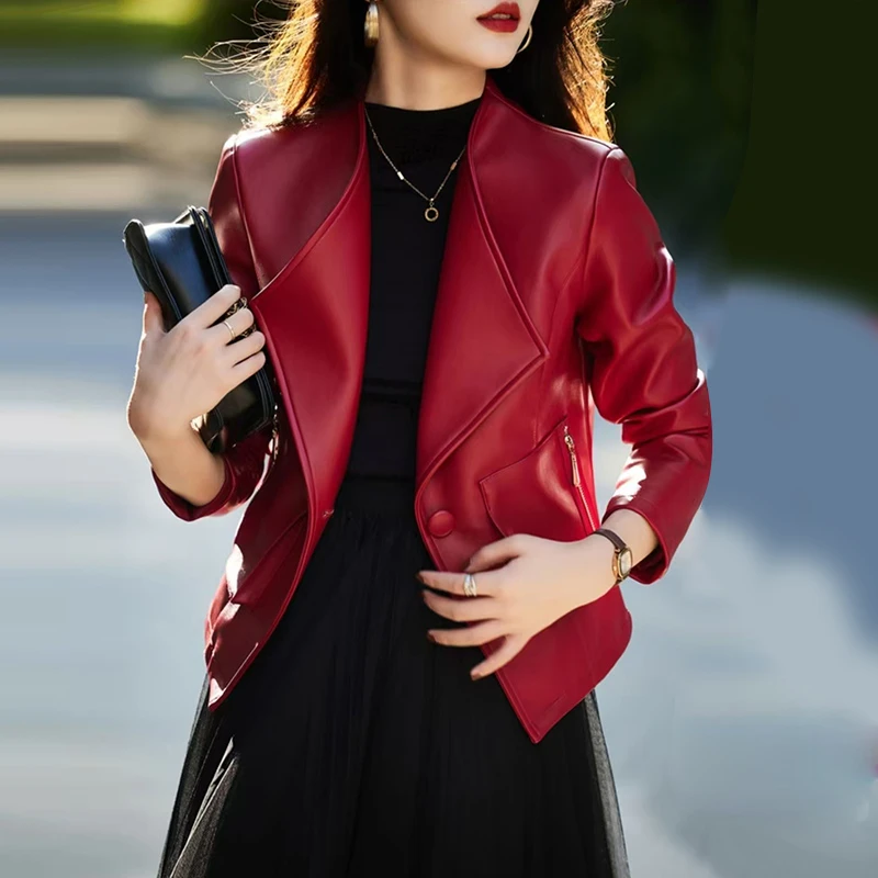 红色小皮衣女短款春季新款高级感小个子休闲上衣短款修身西装外套