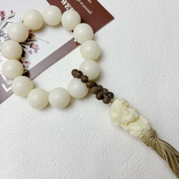 菩提根象牙果雕刻白度母手持手串圆珠白色古风单圈手工手作