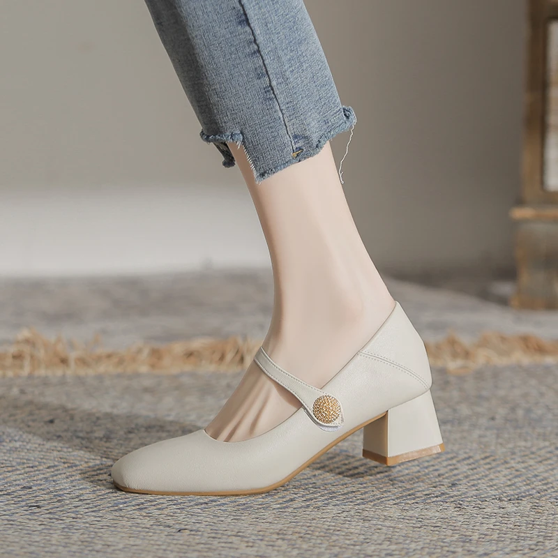 真皮不累脚玛丽珍鞋夏季温柔百搭新款法式粗跟浅口软底防滑单鞋女