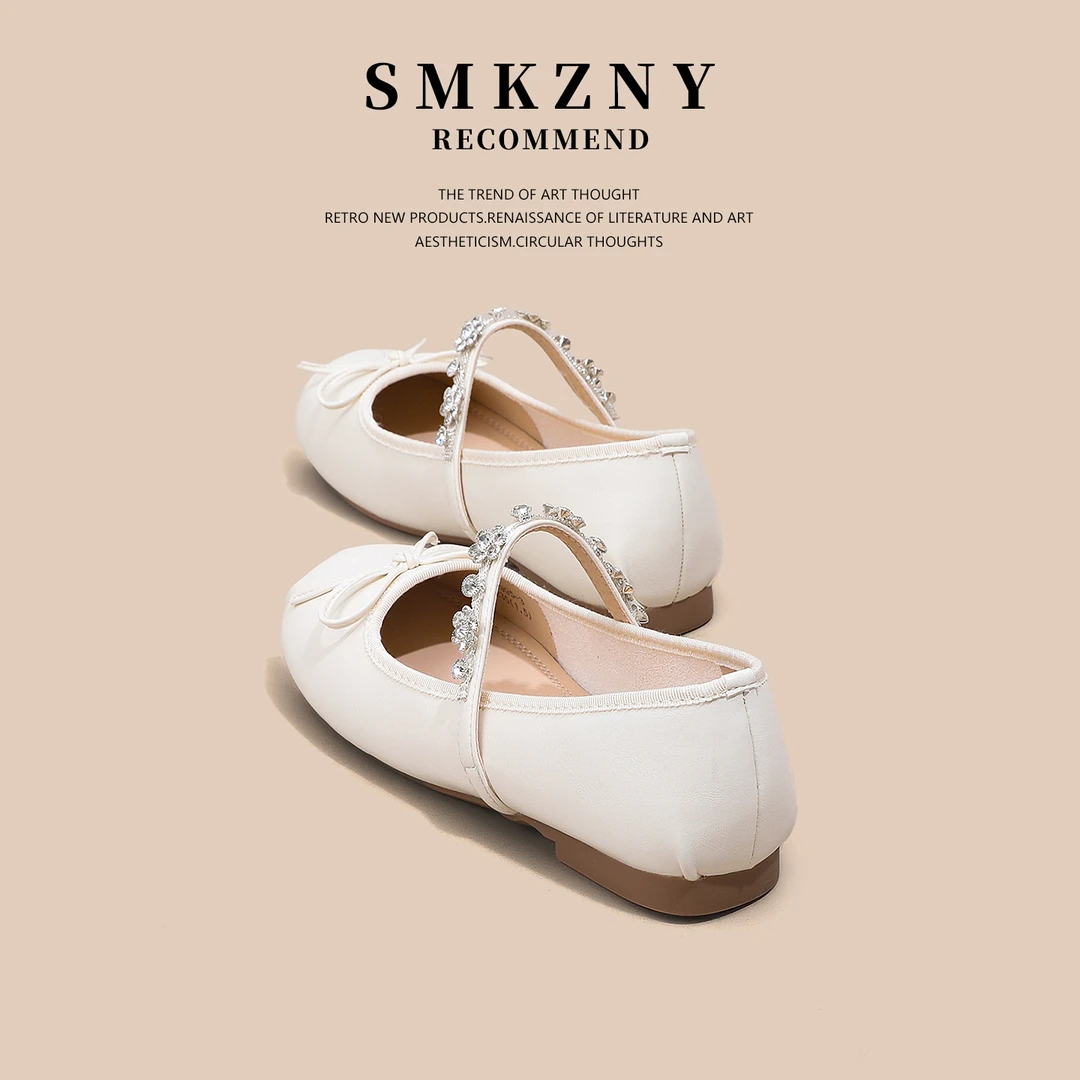 米色巨好看不累脚单鞋女2025新款夏季百搭水钻平底玛现丽珍鞋