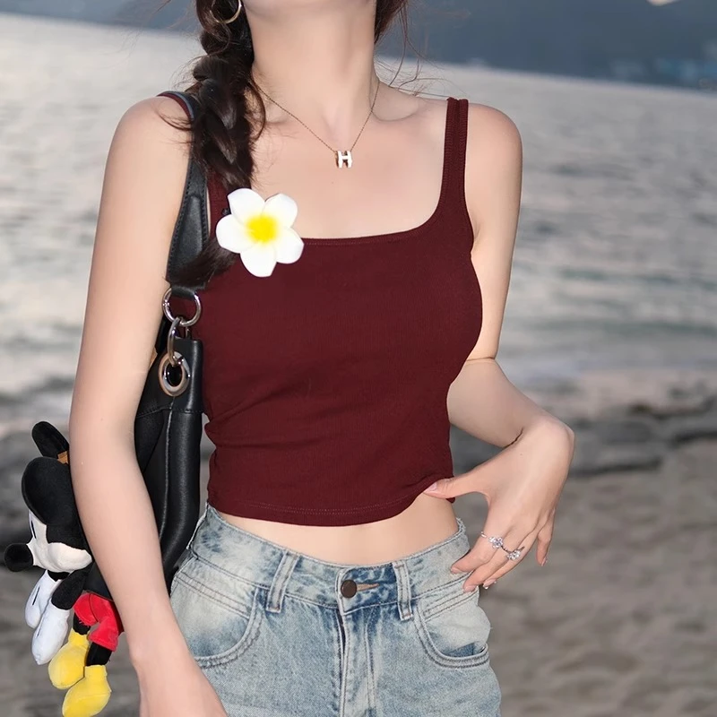 红色美背带胸垫吊带背心女内搭2025春夏季新款修身打底小上衣外穿