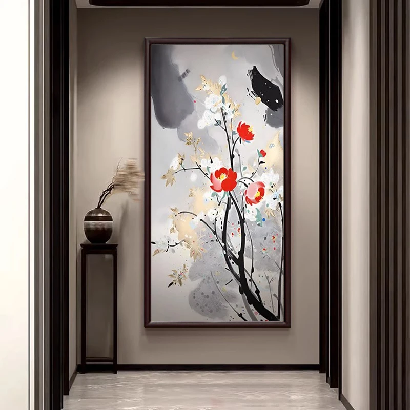 中式玄关装饰画新中式禅意水墨挂画高级感茶室走廊过道竖版壁画