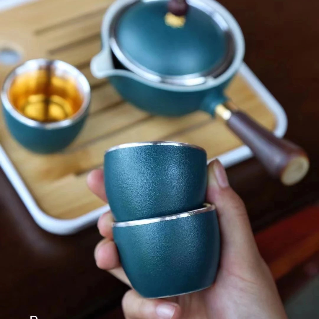 家用青瓷主人杯功夫茶具懒人逍遥泡茶套装瓷包银工艺茶杯天青蓝色