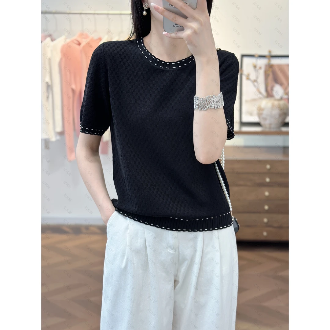 -纪凡姬3995-简约撞色虚线莱赛尔短袖针织衫女T恤透气小衫