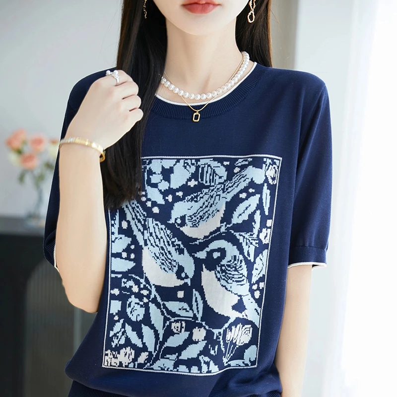 时尚女装品牌2025夏季新提花薄款时尚短袖T恤女针织衫百搭上衣女