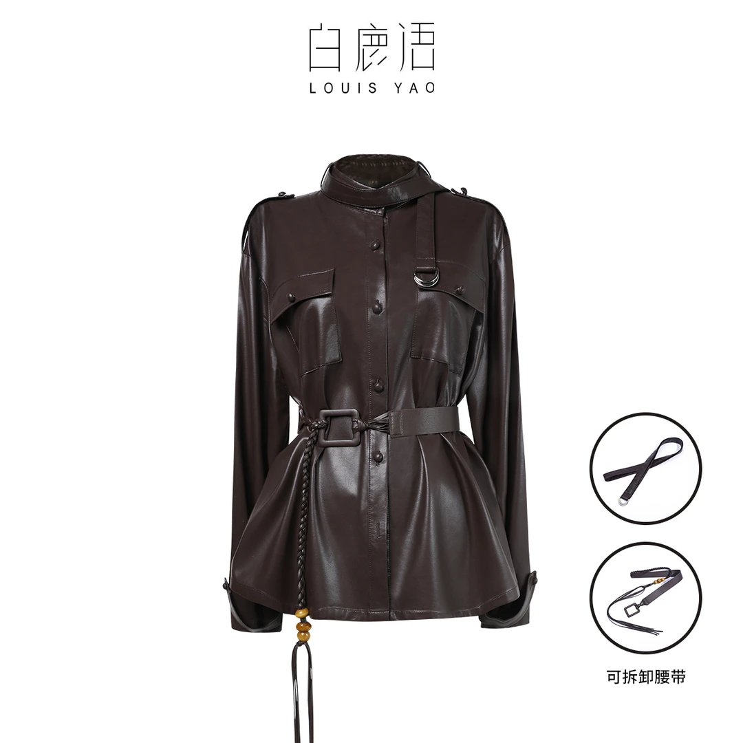 白鹿语25冬季款高级感落肩立领单排扣复古仿皮外套(播)BL20497