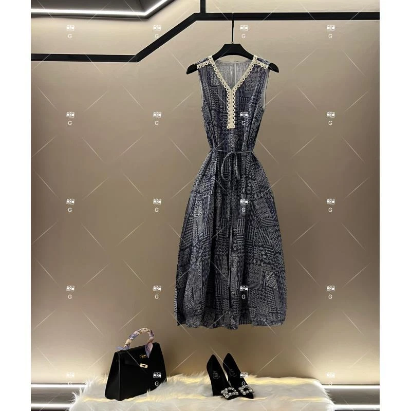 【齐】夏季新款复古时尚百搭印花无袖连衣裙 H-963