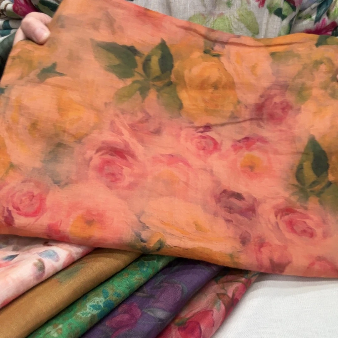 麻1米42支纯苎麻油画玫瑰花