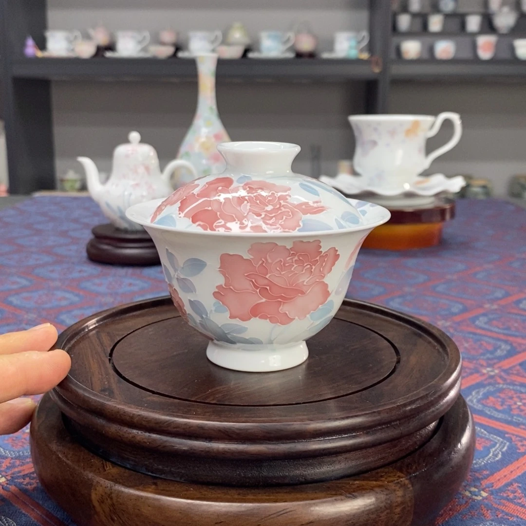 玫瑰花盖碗釉下手绘高温