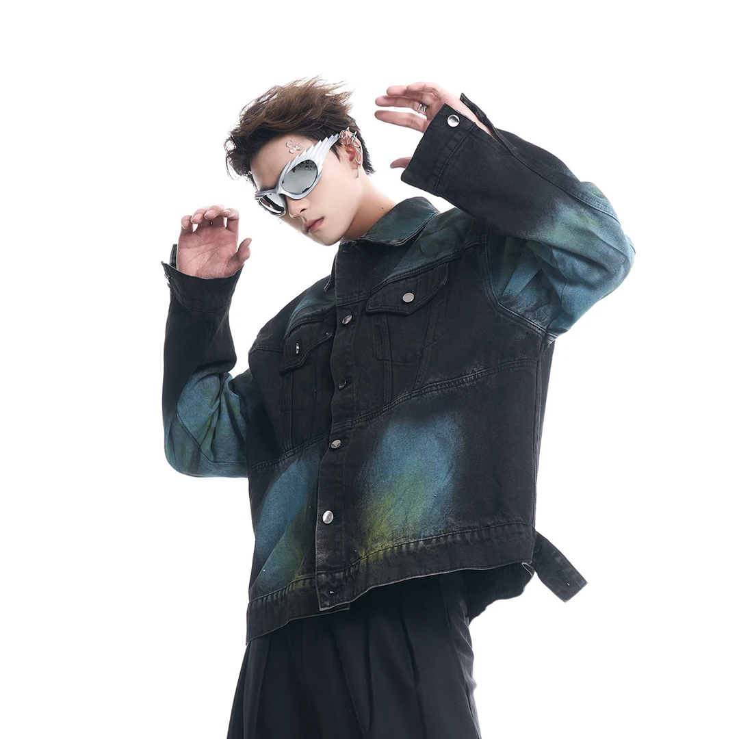 小瘦子男装 小众复古蓝擦色做旧牛仔外套男潮流个性垫肩夹克